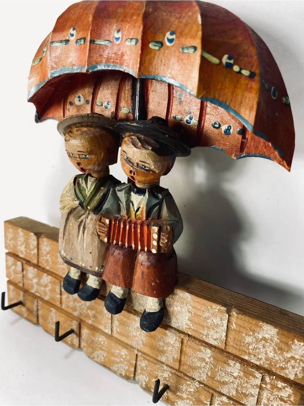 Vintage Italian Folk Art Handcrafted Rustic Wall Hook Children Umbrella